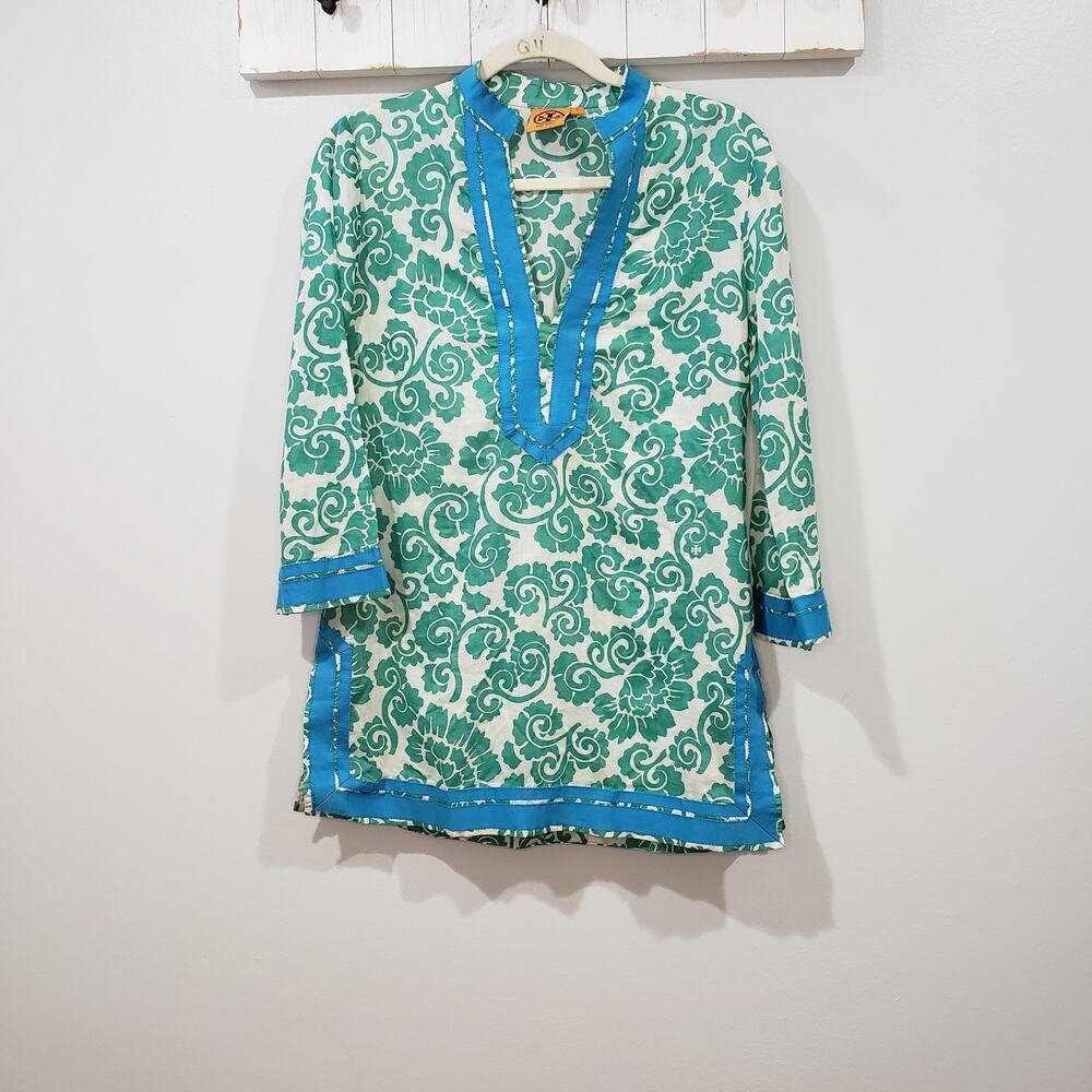 Tory Burch Green & Blue Printed Tunic Boho Resort Top Size 6